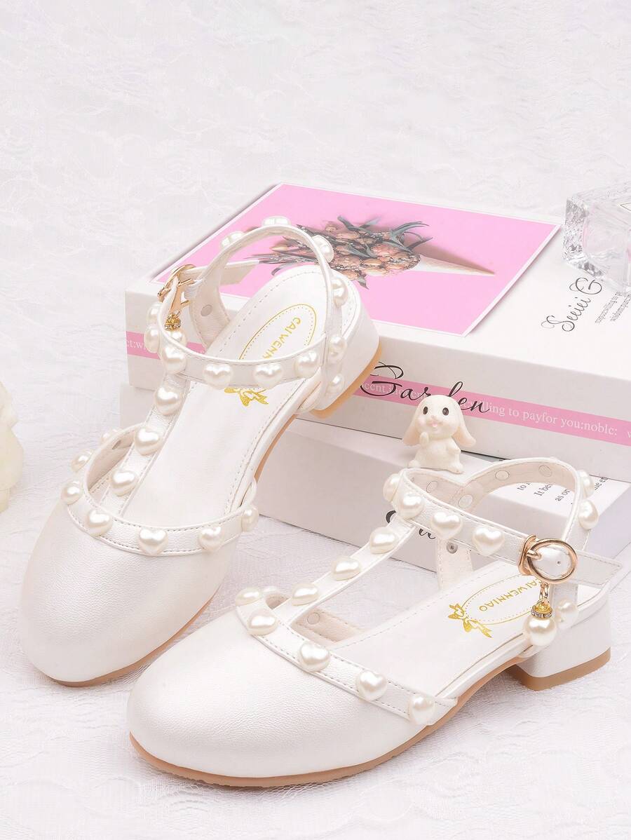 Girls' White Pearl Studded Sandals High Heels Princess Dress Shoes
