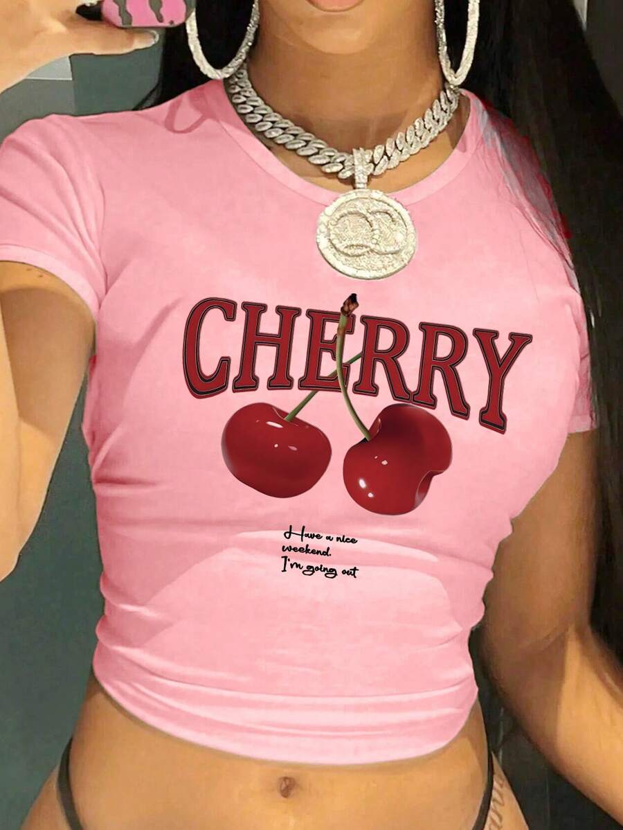 Y2K Cherry Print Round Neck T-Shirt,90s Retro Short-Sleeved Tight-Fit Crop Top