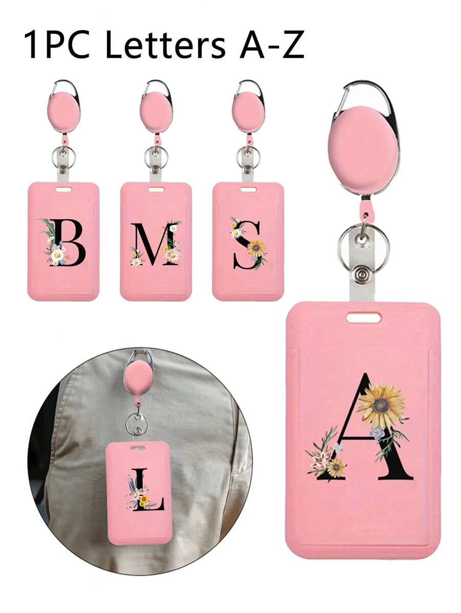 Gepersonaliseerde roze intrekbare ID-badgehouder met sleutelhanger, bedrukt met madeliefjesletters A-Z-patroon, harde ID-badgehouders met intrekbare ID-rol, ID-kaarthouder, plastic creditcardbeschermer, ID-kaarthouder voor verpleegster, dokter, leraar (roze)