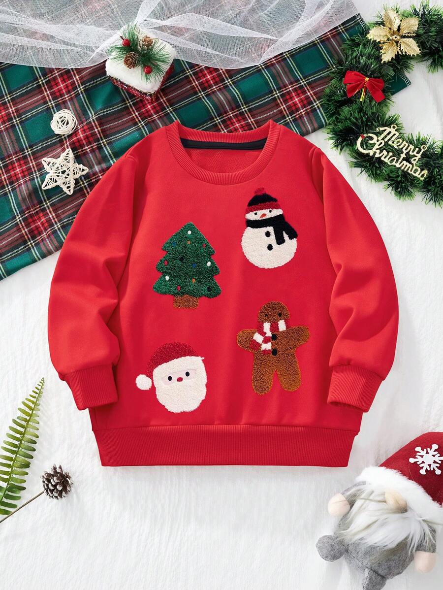 1 Stück lässiger Weihnachtsmotiv bestickter Grafik Pullover für Kleine Jungen, Langarm, modisch für Herbst/Winter