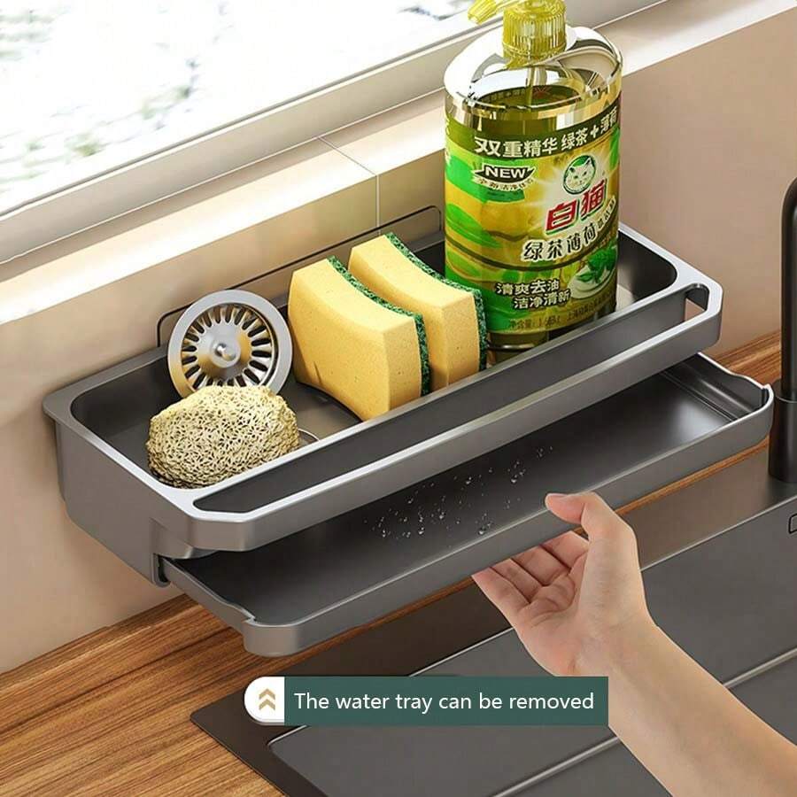 1 pezzo Multi-funzione Supporto per rubinetto da cucina, porta sapone liquido e spugna da lavello montato a parete