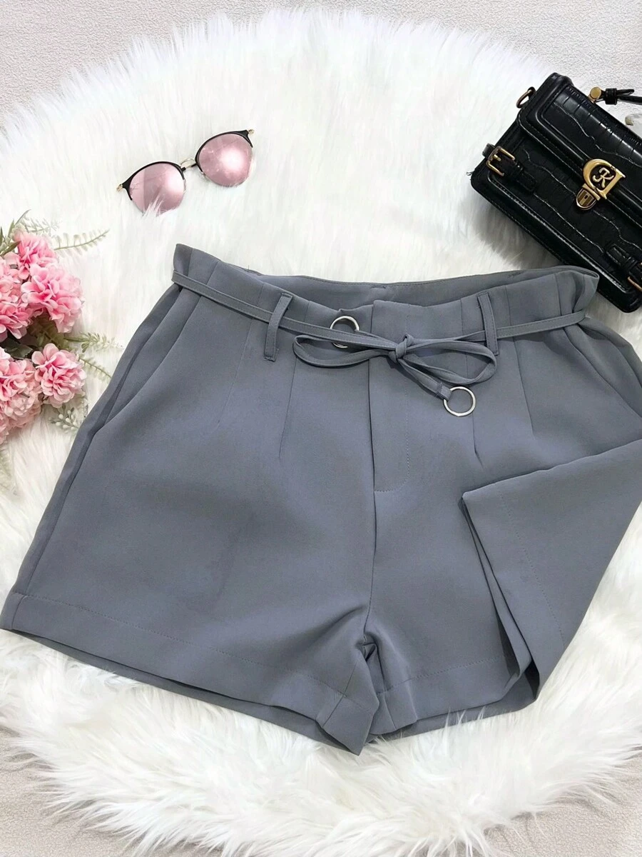 Shorts feminino ,Alfaiataria Estilo bolsos com Zíper ,Calções casuais com cordão de cor sólida