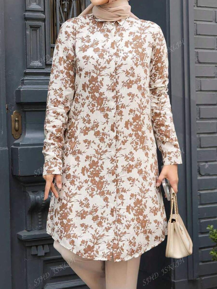 Blouse décontractée à manches longues avec imprimé floral tout-sur-tout, modeste, pour femmes