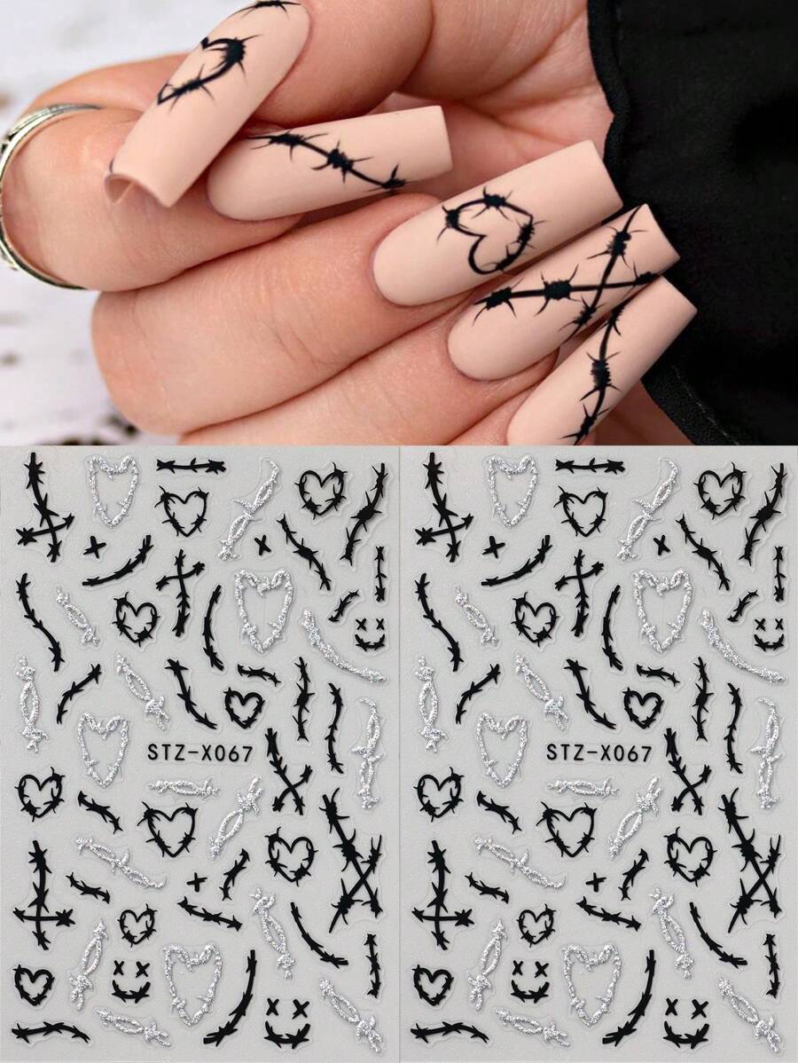 Valentines Nails 2pcs Thorns Heart Black Silver Knot Design Cool Style Nail Art Stickers Heart Chill Style Y2k Nail Decals Valentine's Day Nail Charms Decorations DIY Nail Supplies