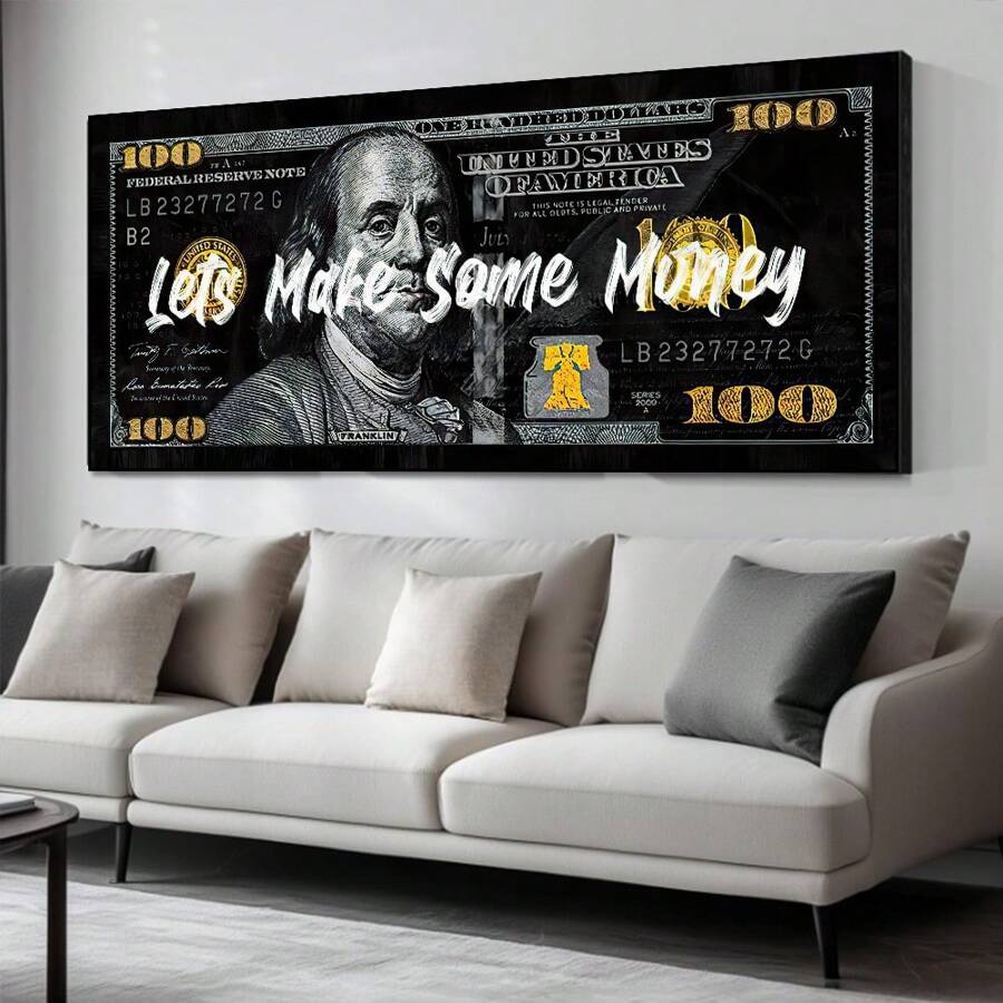 1pc,"Let's Make Some Money"USD 100 Wall Art,Vibrant A Stylish US Dollar Currency Bachelor Party Decor Room, Gold Style Aesthetic,Vintage Gothic Dark Poster Printing, Minimalism Canvas Painting, Suitable For Home Decoration, Bar Cart,Cafe, Patio,Birthday Gift,Living Room, Bedroom, Living Room, Home Office, Kitchen,Bathroom Decoration, The Perfect Gift For Your Friends,Wall Decoration20*40 Inch, Unframed Gifts Graduation