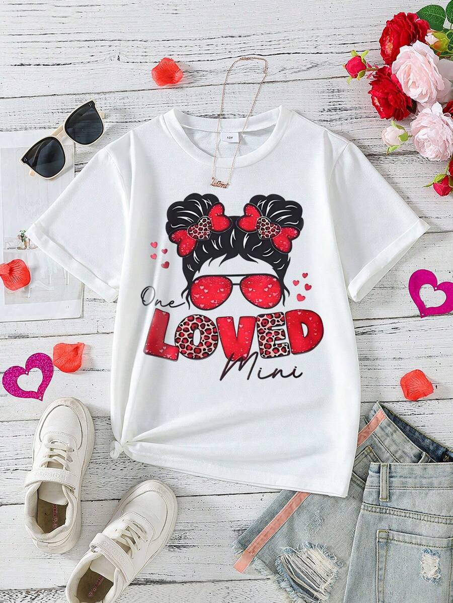 Tween Girl Cartoon Character & Letter Print Short Sleeve T-Shirt