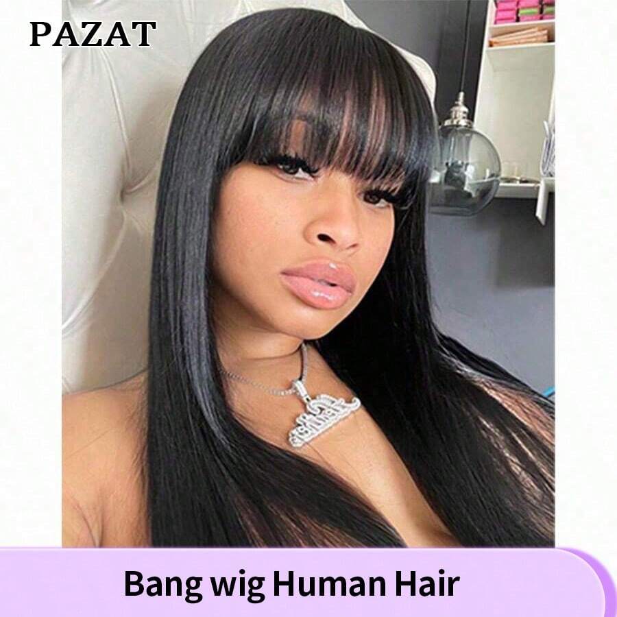 PAZAT Straight Wigs With Bangs Human Hair Wigs For Women None Lace Front Wigs 150% Density Brazilian Virgin Hair Glueless Machine Made Wig Natural Color Short Bob Wigs(6inch)