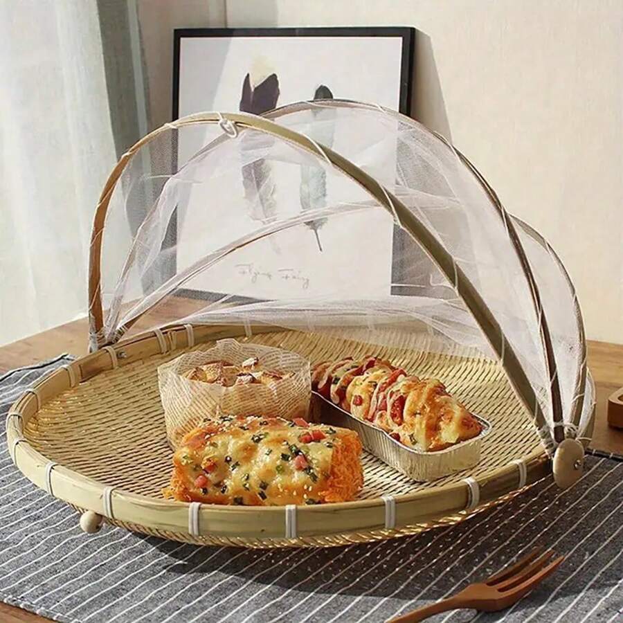 1 pieza Bandeja de cesta de servicio de alimentos tejida a mano, Cubierta de frutas para exteriores, Cesta de almacenamiento tejida de bambú contra insectos, Herramienta de pala para picnic
