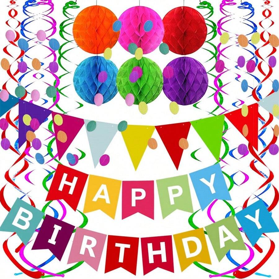 1 Set Happy Birthday Banner Met Kleurrijke Papieren Vlaggen Wimpel Papieren Cirkels Confetti Garland Swirl Streamers Honingraat Ballen Voor Verjaardagsfeestje Vakantie Feestdecoraties Woondecoratie