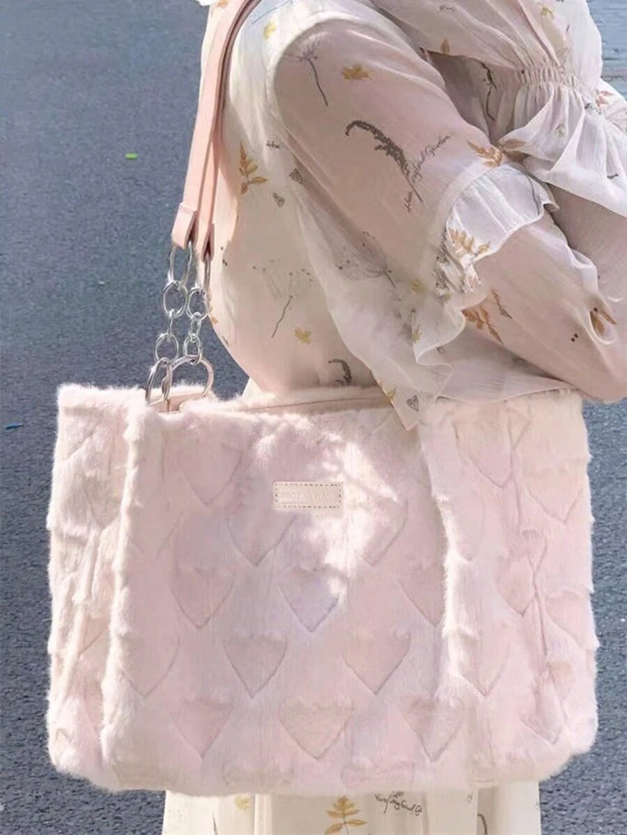 1 Pieza Bolsa De Felpa Rosa De Gran Capacidad Bolsa De Hombro De Trabajo Bolsa De Mano De Felpa Con Forma De Amor Linda