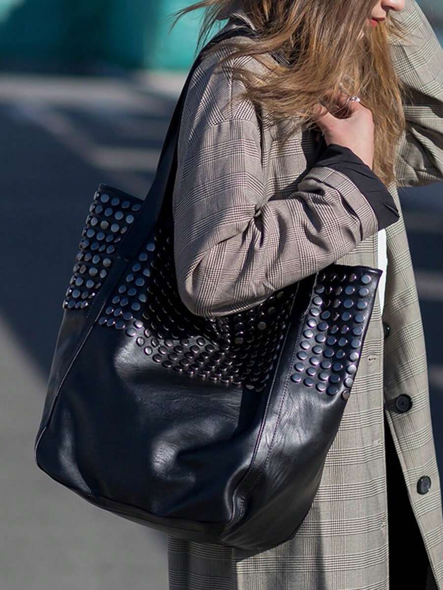 Dedoo Soft Leather 2025 New Handbag Joker Tote Bag Simple Shoulder Bag Rivet Design Large Capacity Ladies Big Bag, Shopping, Shopping, Work. Convenient To Travel,