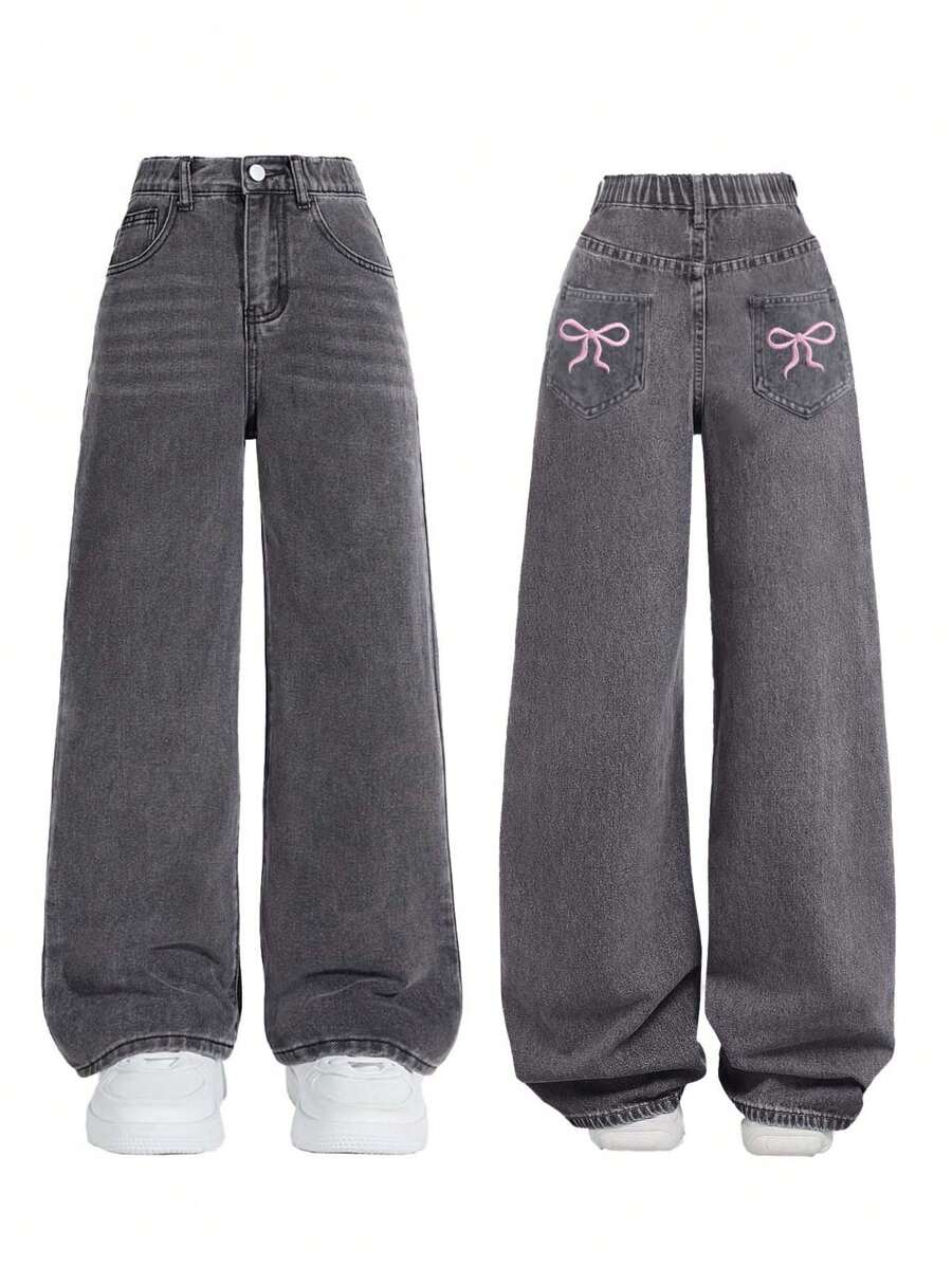 Teen Girls' Loose Fit Versatile Butterfly Print Flared Denim Jeans