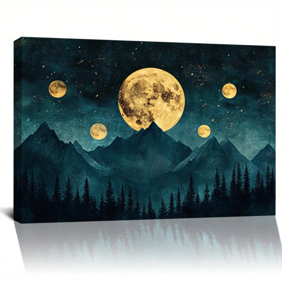 Night Sky Stars, Vintage Cloudy Landscape, Celestial Moon Canvas, Living Room And Office Wall Art