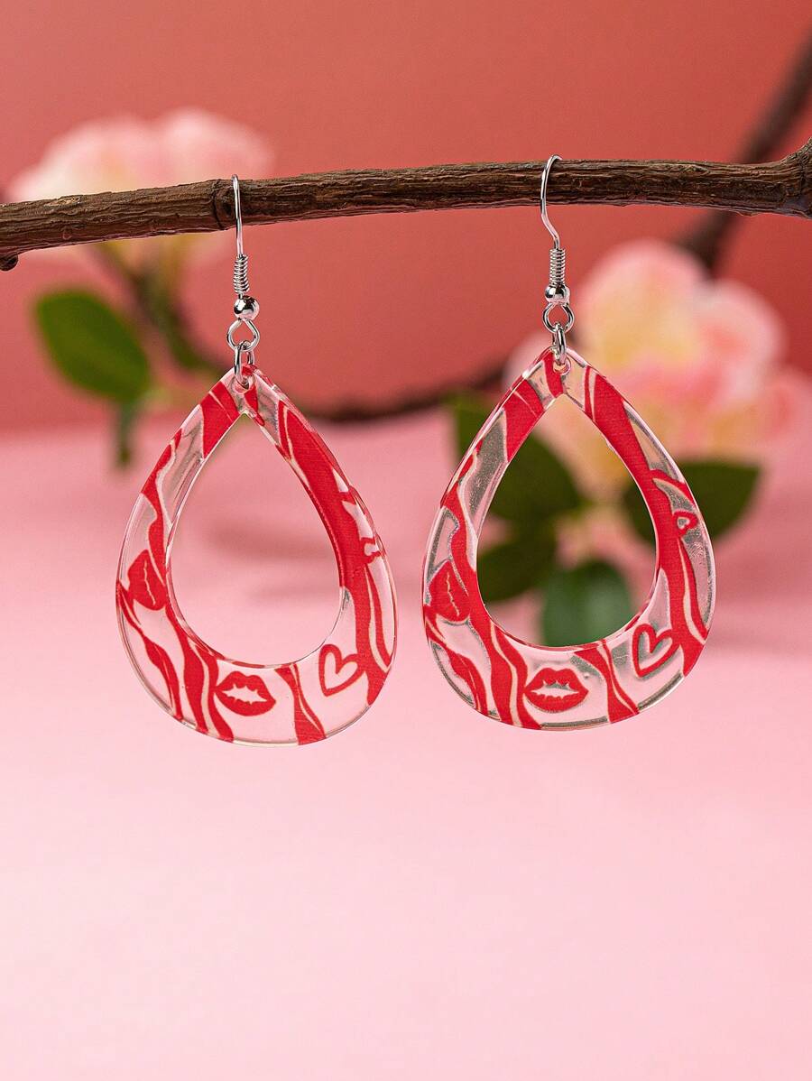 1 Pair Pink Acrylic Heart Shaped LOVE & Lips Design Earrings, Romantic Valentine's Day Jewelry Gift For Girlfriend/Wife Valentines,Mom,Mother,Mother's Day,Gift
