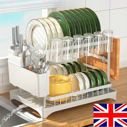 2 Tier Dish Rack Plate Cup Drying Drainer Storage Drip Tray Cutlery Holder Home Kitchen Organizer Carbon Steel