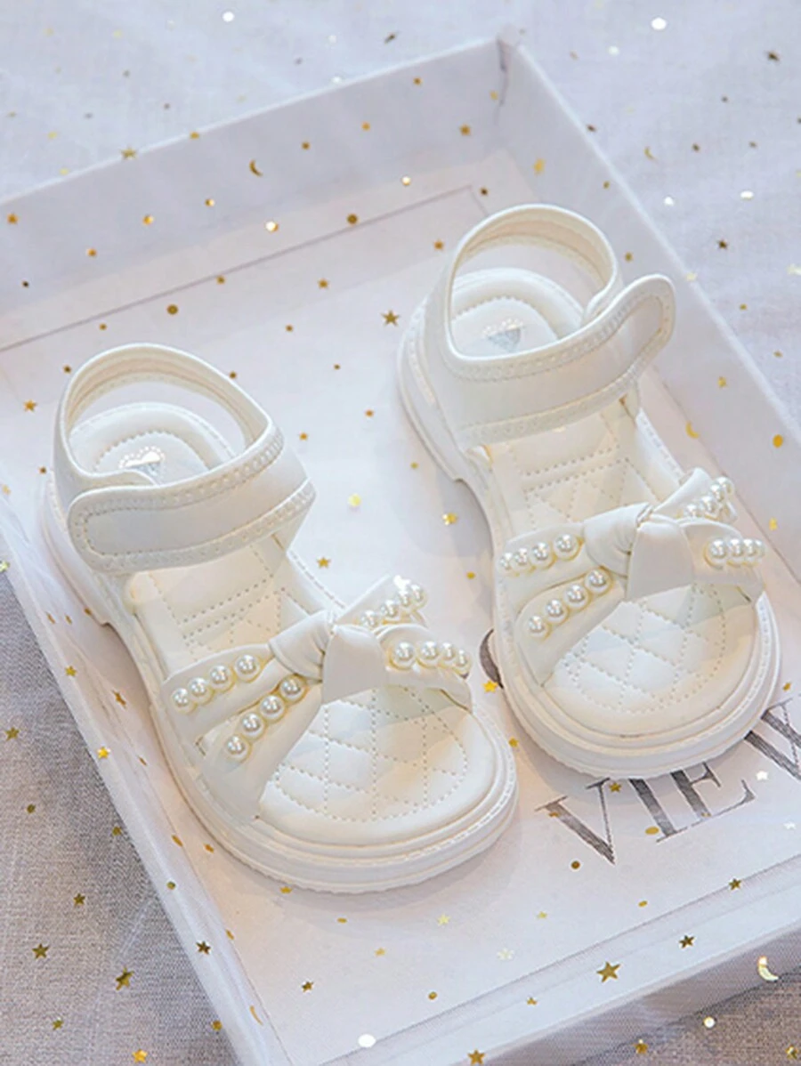 1 Pair Girls Beige Pearl Bowknot Flat Sandals, Versatile & Simple Fairy Style Outdoor Shoes For Children