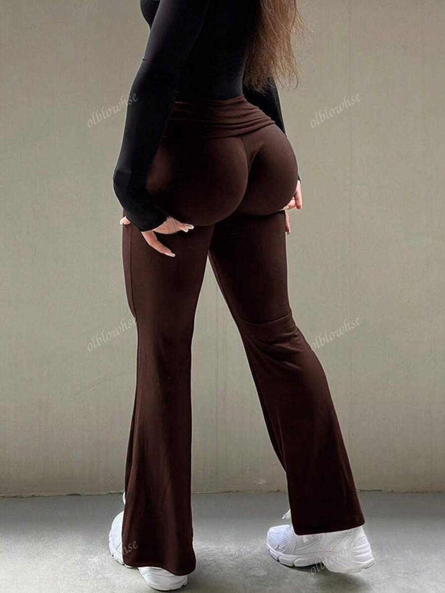 Y2K Splicing High Waist Wide Waistband Ruched Slim Fit Flared Bottom Pants Gym Casual Comfort Bell Leggings
