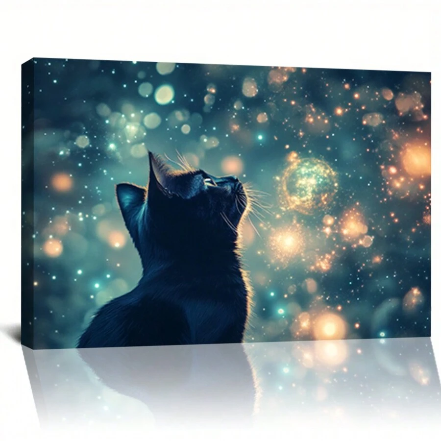 Vintage Cat And Starry Night Canvas Art, Sparkling Stars And Blue Sky, Perfect For Home, Teen Rooms, And Farmhouse Style