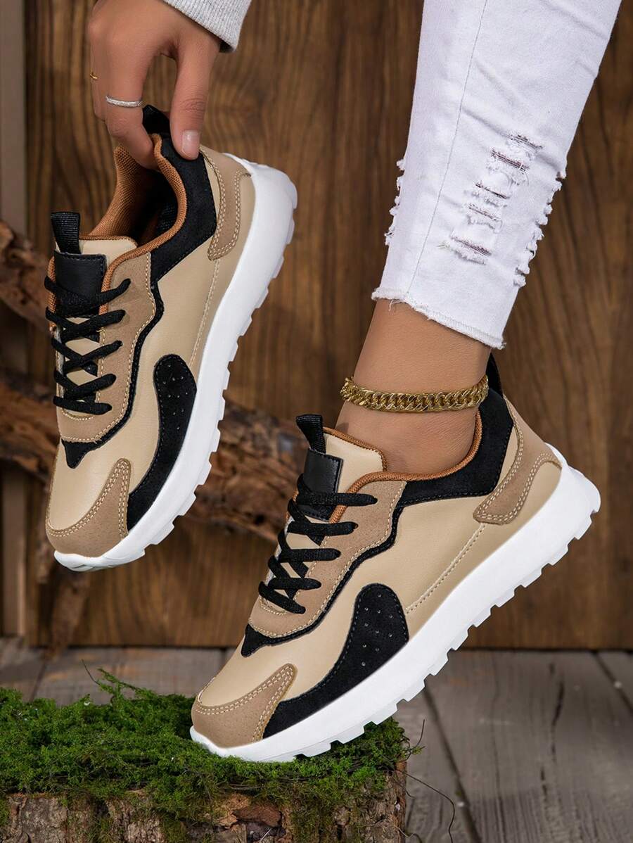 Women's Colorblock Casual Sports Sneakers, Lace-Up Soft Sole Thick Bottom Casual Shoes, Low-Top Comfortable Walking Shoes