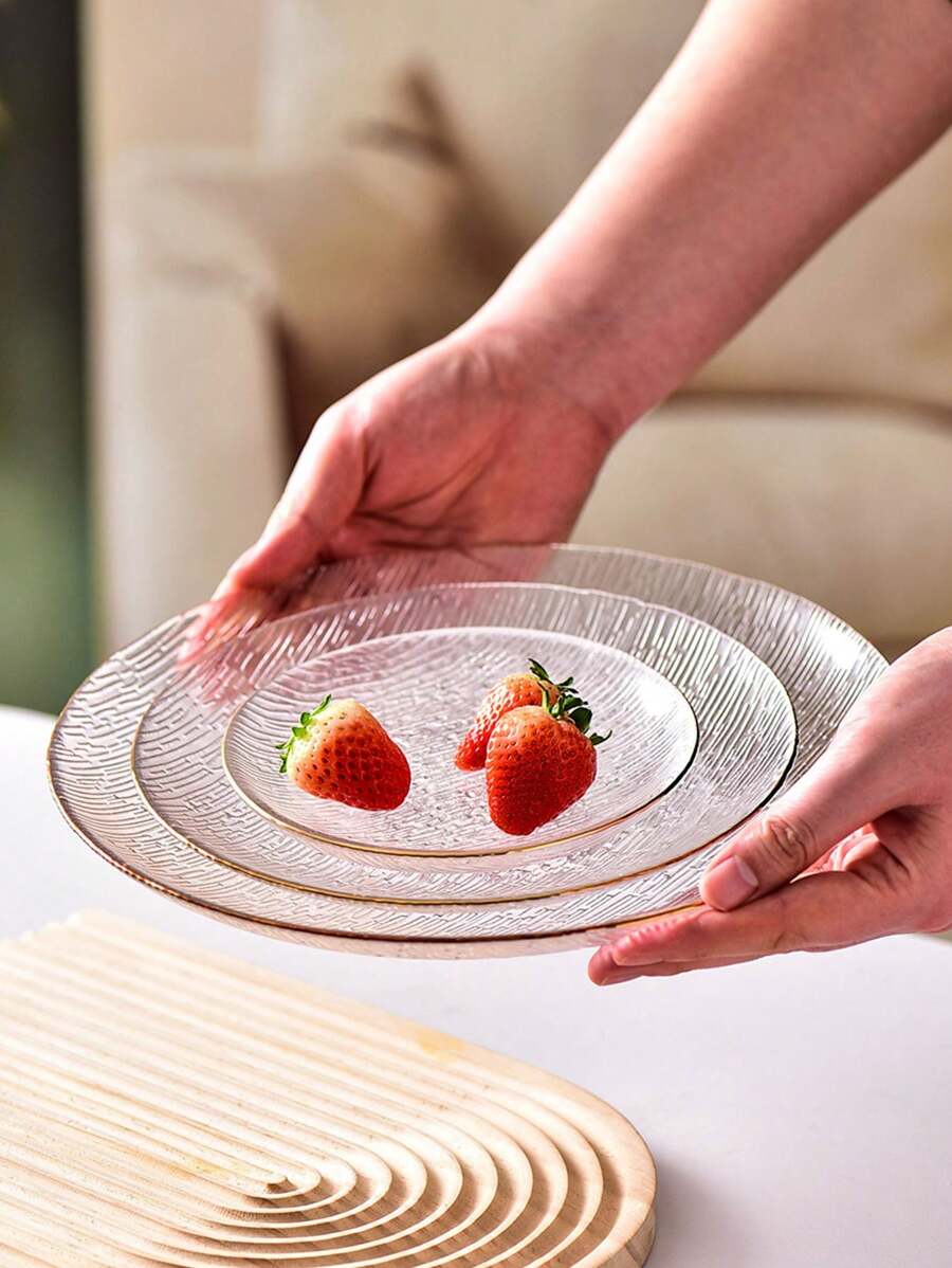 1pc Modern Minimalist Glass Plate For Home & Dining, Transparent Striped Gold Rimmed Dessert, Fruit & Salad Serving Platter