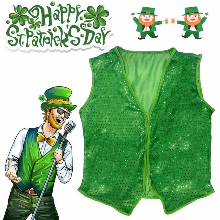 1 st. Ierse groene St. Patrick's Day klaver performance sequin gilet vest, feestkostuum