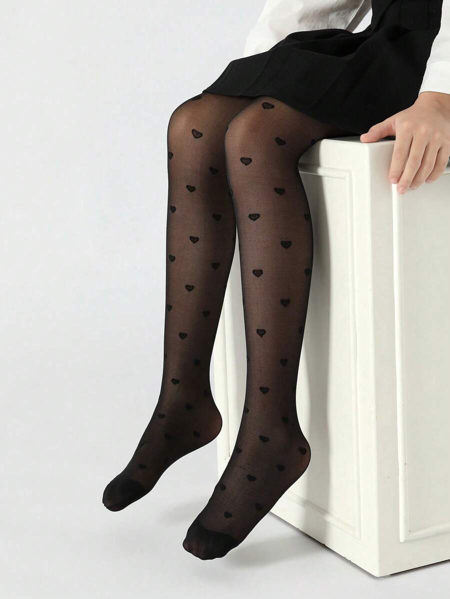 1 Par de Meia-calça Infantil: Meia-calça Preta Sem Costura com Laçada em Coração e Trama Antihook, Ultra Fina e Respirável, Macia, Estilosa e na Moda para Uso Diário ou Como Presente em Ocasiões Especiais
