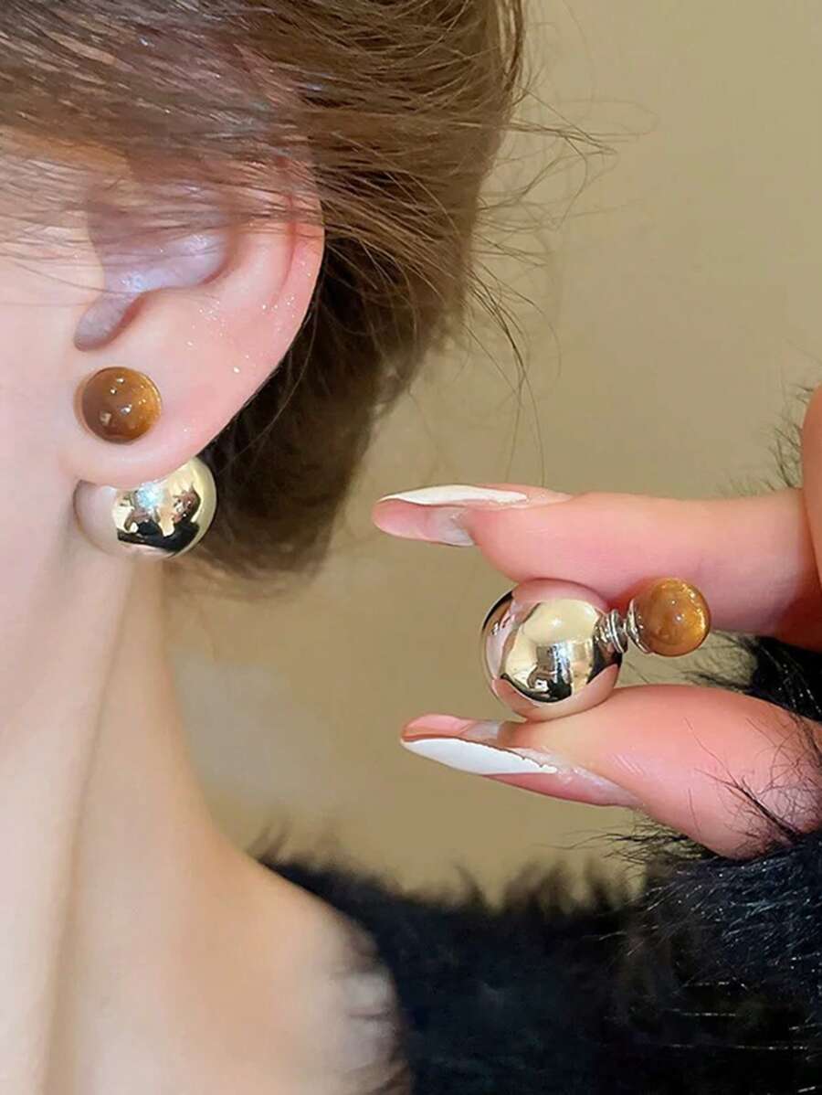 1 Pair Reversible Tiger Eye Stone Vintage Fashionable Casual Stud Earrings For Women, Suitable For Daily And Holiday Wear