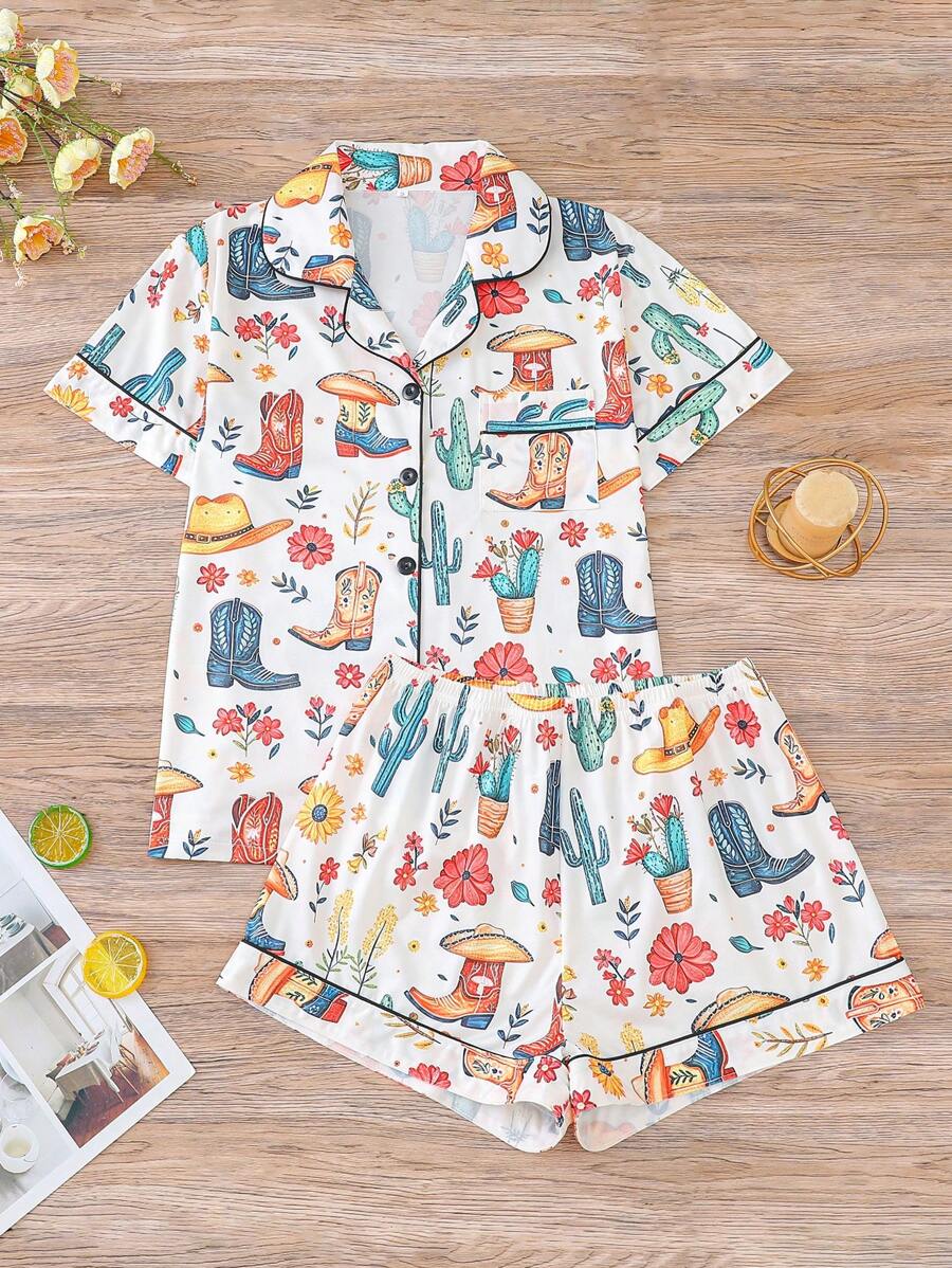 Set de 2 piezas de pijama con estampado de vaquero para mujer, que incluye camisa de manga corta con cuello y botones y pantalones cortos sueltos con elástico, ropa de dormir para fiestas, uso casual en interior o exterior, para todas las estaciones, conjunto de dos piezas