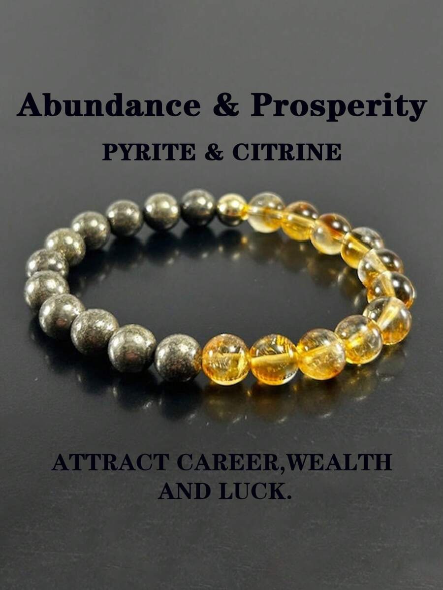 1 Peça Pulseira Vintage de Abundância, 8 mm, Pulseira de Cristal de Cura de Pirita e Citrino, Jóias de Meditação, Presentes para Mulheres e Homens, Atrair Riqueza, Prosperidade, Dinheiro