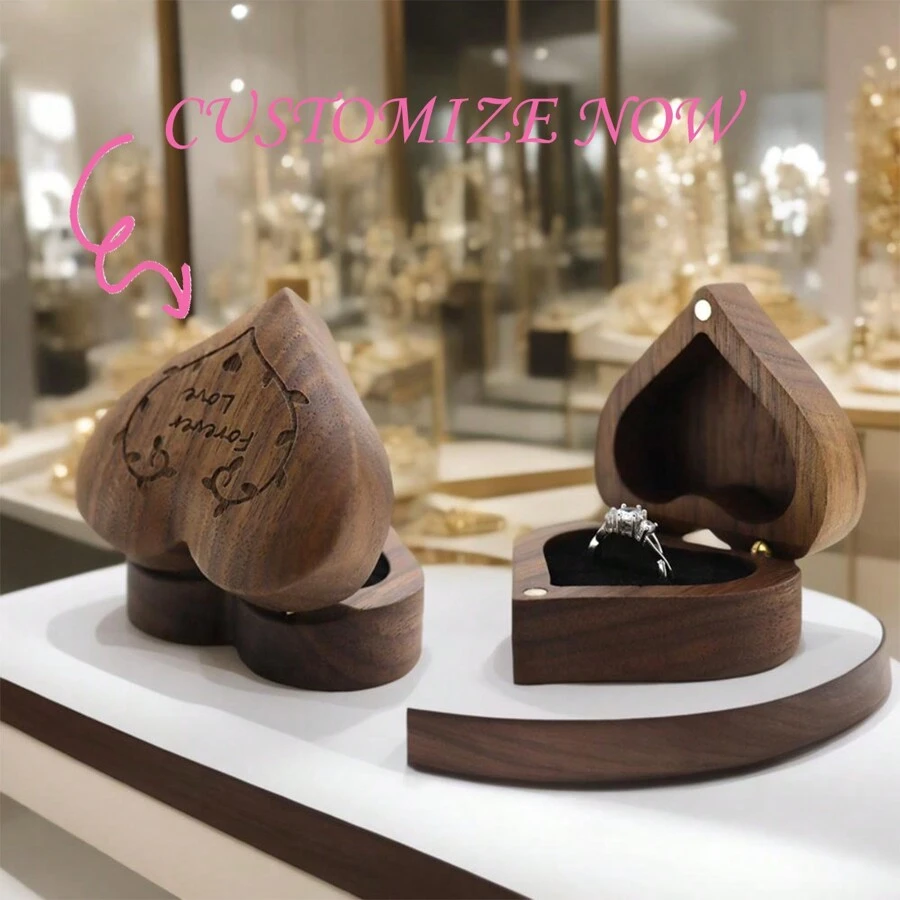 1 pieza Caja de almacenamiento de anillos con forma de corazón, tallado en madera genuina, suave y exquisito de alta gama, adecuado para almacenamiento y exhibición de anillos, regalo para bodas, ceremonias, aniversarios de compromiso