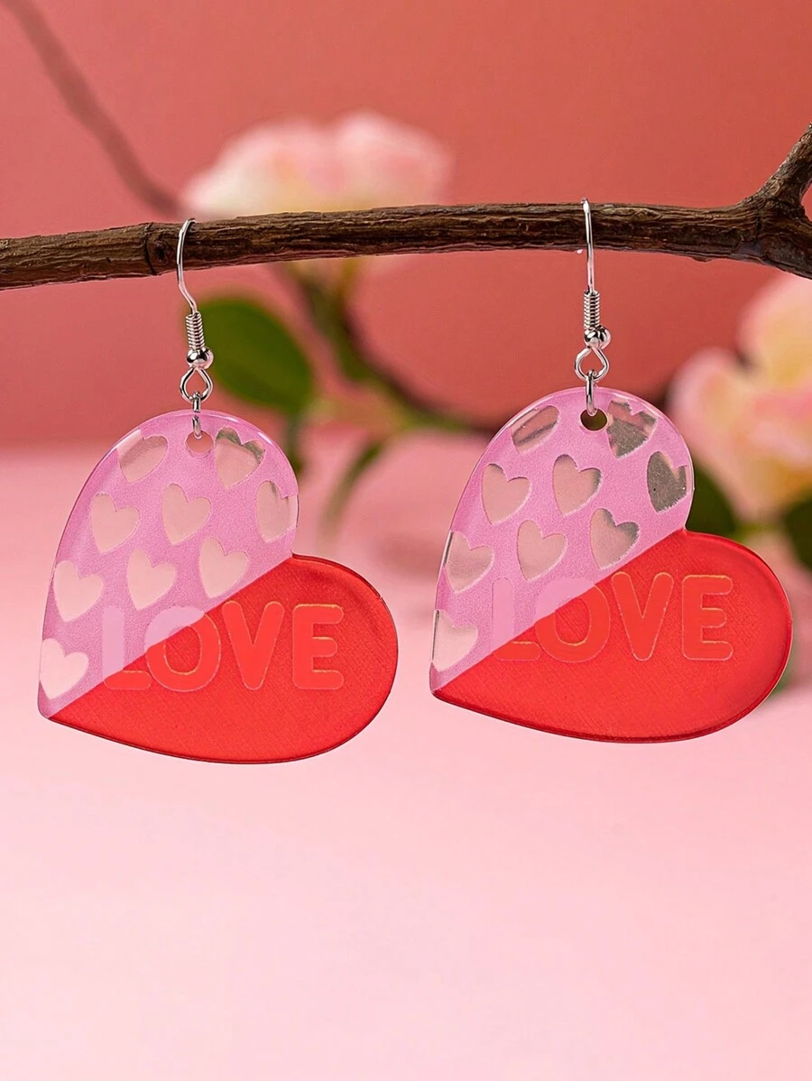 1 Pair Pink Acrylic Heart Shape "LOVE" And Sexy Lip Earrings, Romantic Valentine's Day Jewelry Accessories, Gift For Girlfriend/Wife, Valentine's Day Gift Valentines,Mom,Mother,Mother's Day,Gift