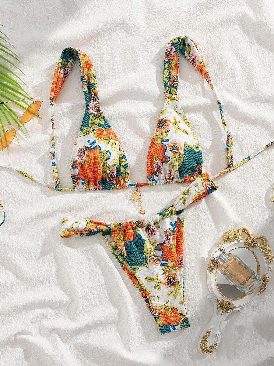 New Soft Printed Thick Strap Tie-Up Cute Party Bikini Set, Summer Beach Fashion Ladies Swimwear