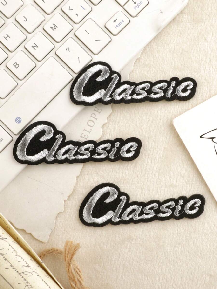 3 pièces Patchs en tissu brodé noir et argent "Classique", style minimaliste à la mode, fabriqués en tissu de polyester convenant au thermocollage ou à la couture sur vêtements, sacs, chaussures, chapeaux, décorations de la maison