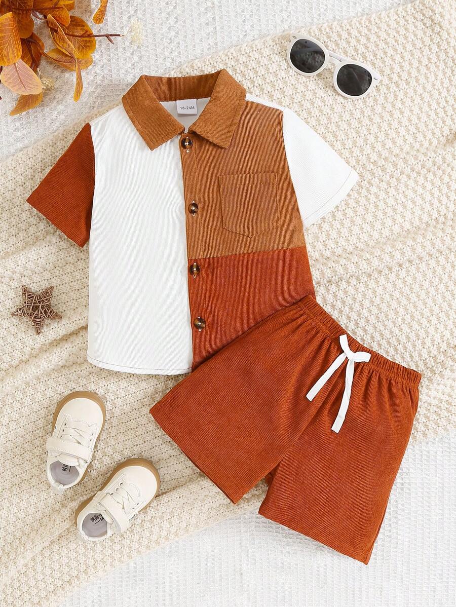 2pcs Baby Boy Set, Corduroy Patchwork Short Sleeve Shirt + Solid Color Shorts, Casual & Fashion, Spring/Summer