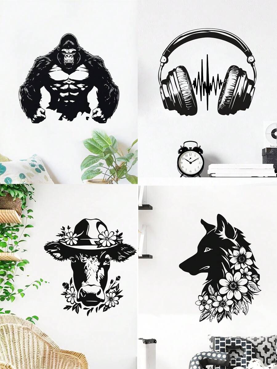 1pc Gorilla Wall Decal, Headphones-Cow And Fox Head Pattern Stickers, Vinyl Stickers King Kong Movie Monster Beast Mode Gym Fitness Decoration Game Room Family Room Art Decoration Mural Removable Wall Sticker Gifts Birthday Graduation Room Decor Home Decor Wall Decor Bathroom Decor Bedroom Decor Room Decoration Stuff Living Room Decor House Decor Home Decor Living Room Wall Paper Personalised Stickers