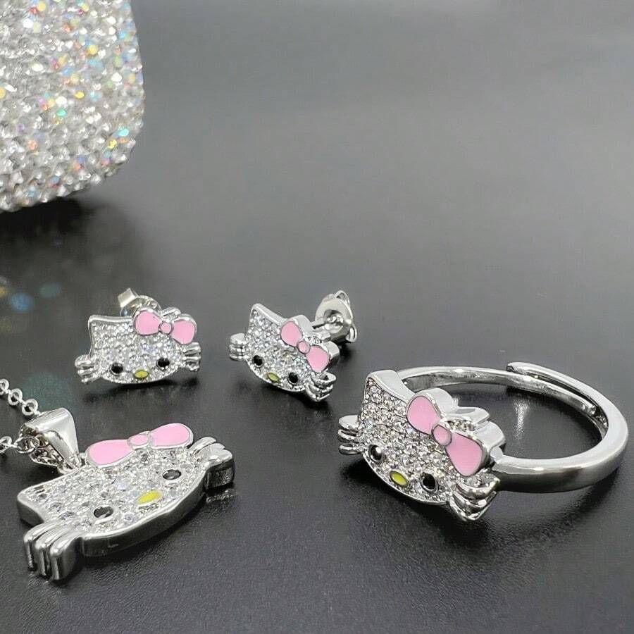 Sanrio Sanrio Hello Kitty 3-Piece Jewelry Set, Cute Alloy Necklace, Earrings And Open Ring, Fashionable Couple Gift For Christmas, Halloween, New Year, Valentine's Day, Birthday, Jewelry Accessories For Women