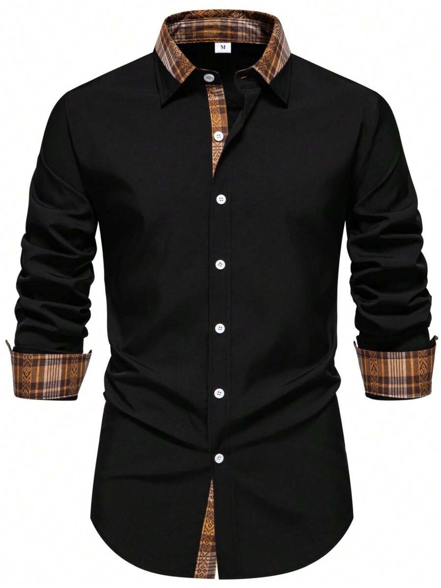 Camisa casual de manga larga para hombre, Camisa formal de patchwork para hombre