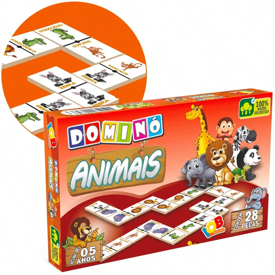 Jogo Dominó Animais Brinquedo Educativo 28 Peças Madeira +5A