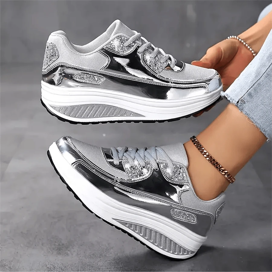 Silver Women's Casual Sport Shoes Sequin Breathable Platform Athletic Sneakers For Summer
