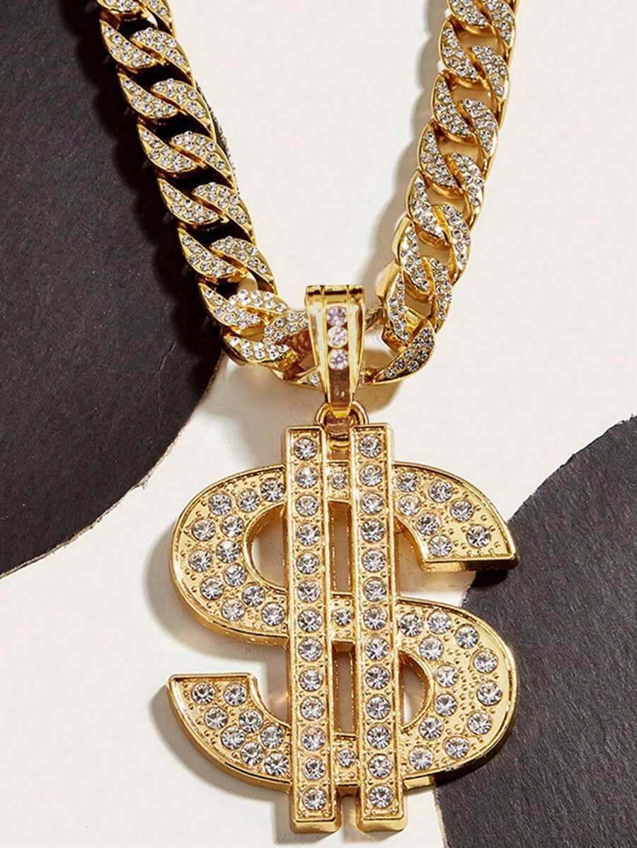 1 set Collar con colgante con signo de dólar con brillo, diseño exagerado de para discoteca y hombres de hip hop
