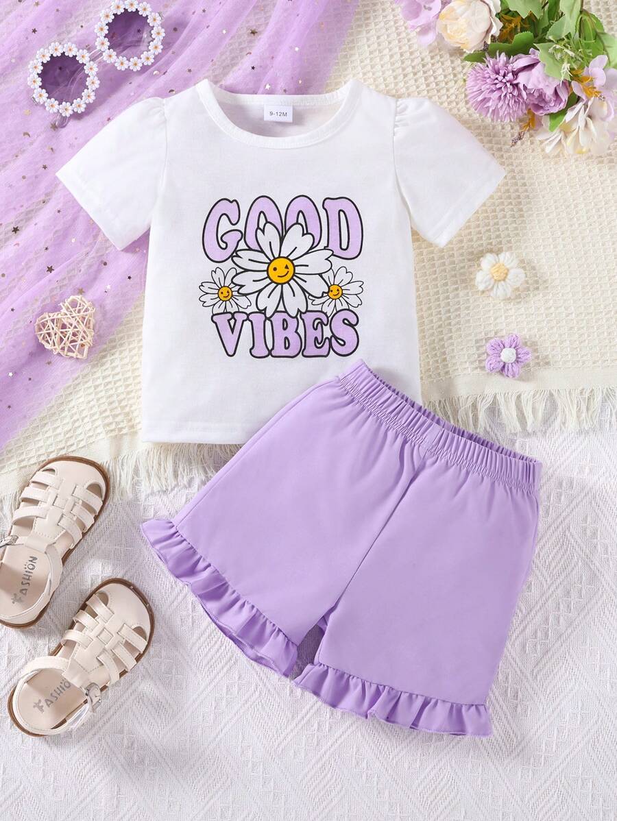 Set de 2 piezas de blusa de manga corta con estampado floral y shorts con volantes, ropa casual de verano para niña bebé