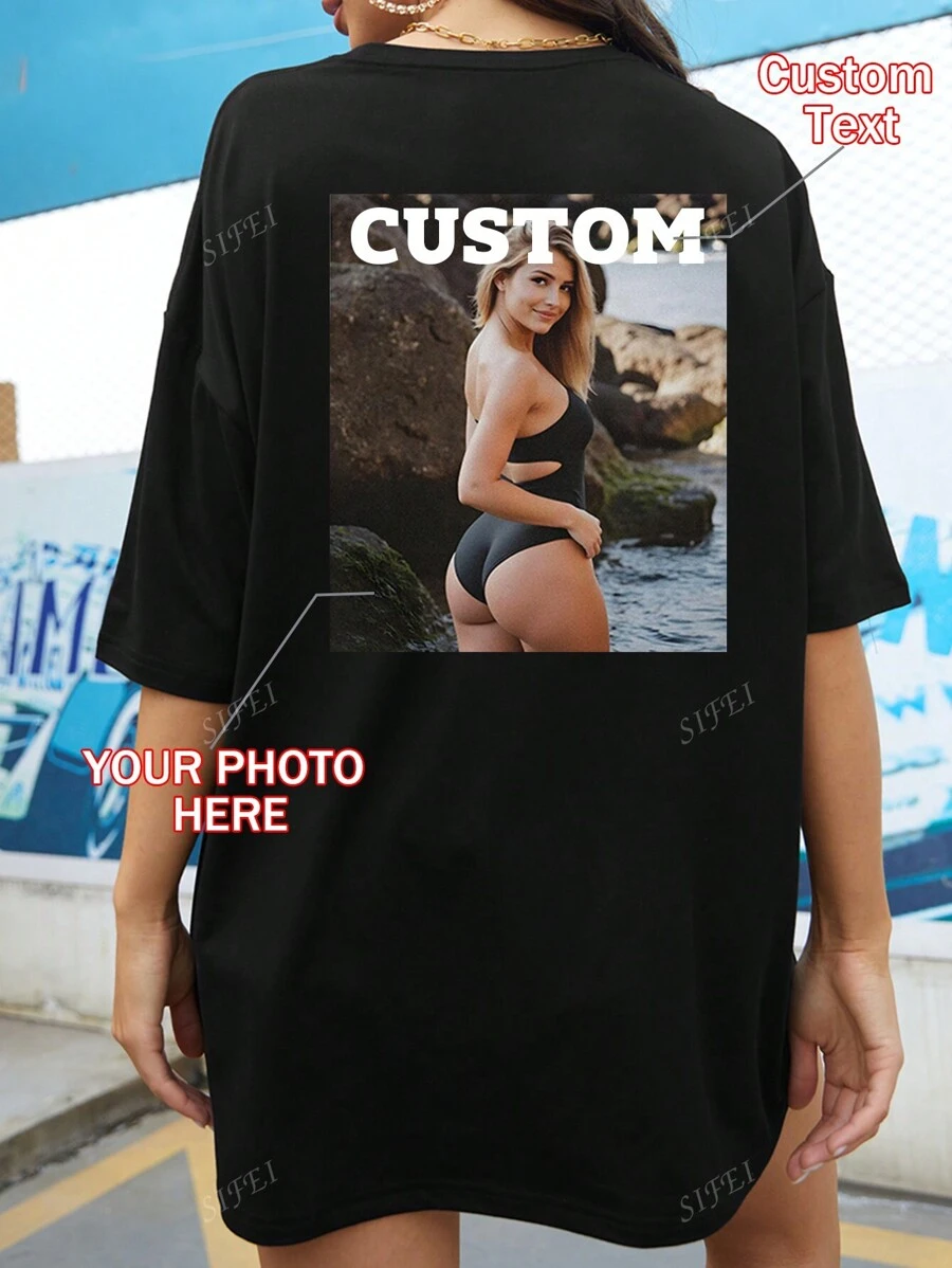 Gepersonaliseerde foto en tekst bedrukt zwart los dames sport T-shirt met korte mouwen, personaliseren met selfie, geliefde, familie, vrienden, huisdierfoto's en wensen, geschikt voor Valentijnsdag, verjaardag, nieuwjaar, feestjubileum, herfst- en winterkleding, cadeau voor beste vriend, muziekfestivaloutfit