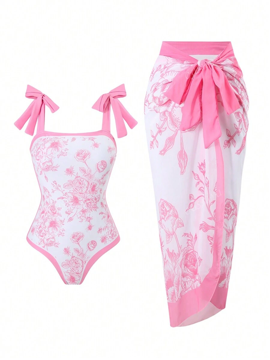 Traje de baño de una pieza con estampado floral de estilo europeo y estadounidense, con control de abdomen y falda de cobertura, para vacaciones, spa, natación, para vacaciones de verano