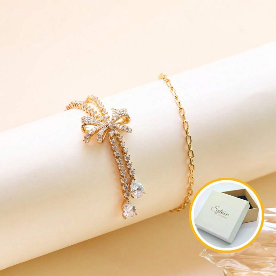 Bowknot Design PendantNecklace For Women Wedding Luxury Copper Pendantwith Zirconia InlaidBowknot Pendant Necklace