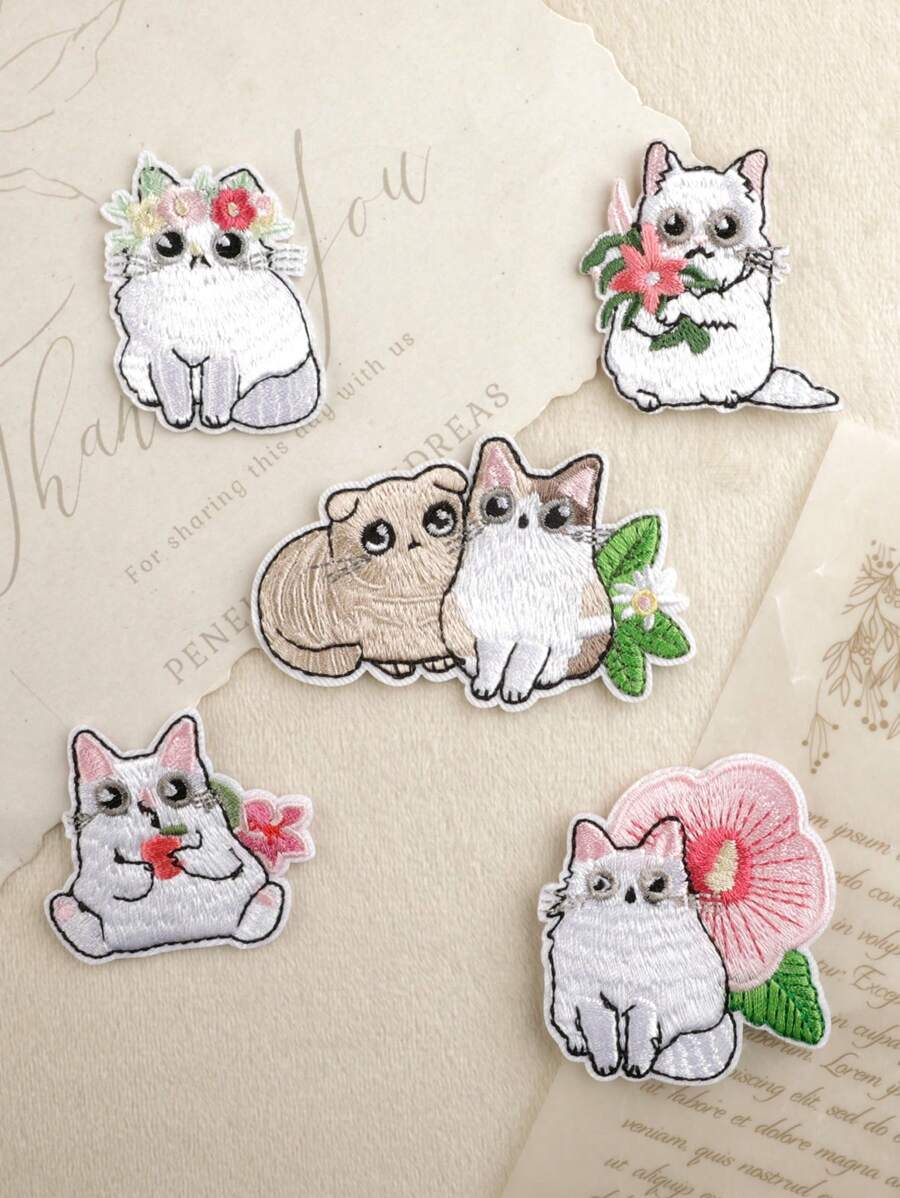 paquete de 5 parches de bordado DIY con estampado floral y de gato, adorables apliques de estilo de dibujos animados de poliéster para planchar o coser en ropa, bolsas, zapatos, sombreros, decoración del hogar