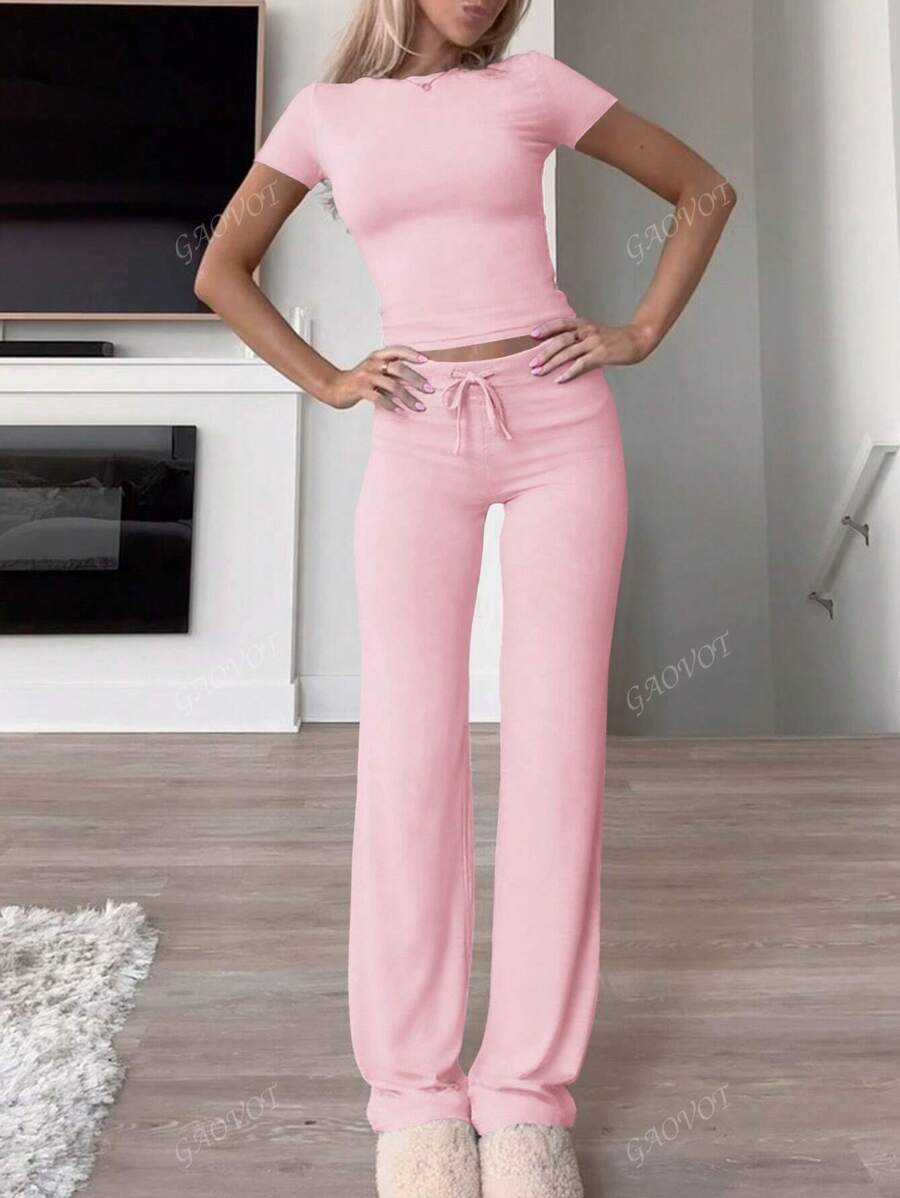 Conjunto de dos piezas de ropa deportiva casual diaria de unicolor de manga corta y cuello redondo, pantalones rectos delgados y largos para mujer en otoño Y2K