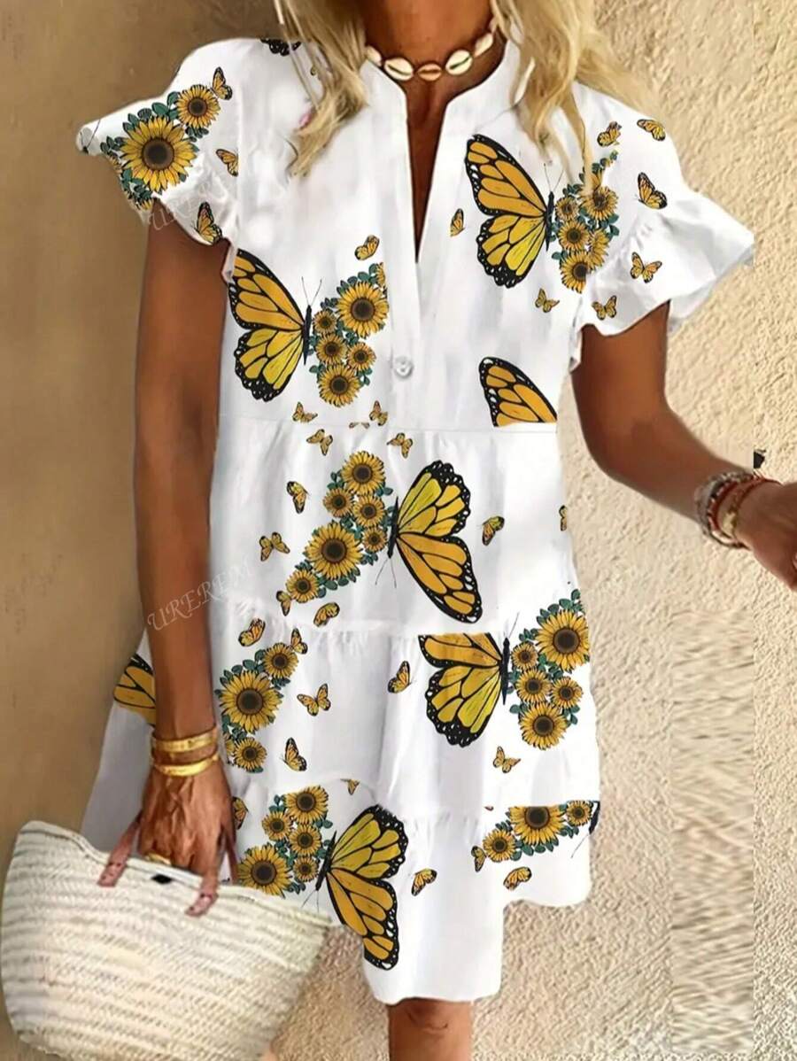 Vestido casual de mujer de talla grande con volantes en el dobladillo y estampado floral, tela tejida de 120g