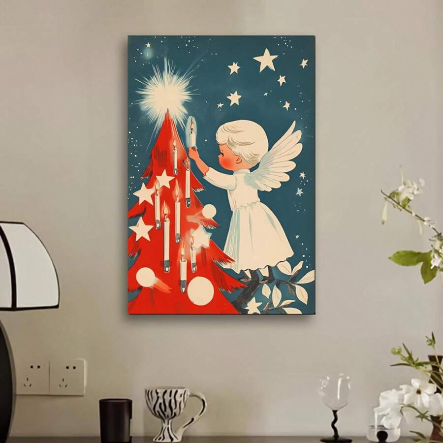 1pc Charming Angel Lights Tree Canvas Art - High-Definition Print, Wooden Frame Wall Decor For Home, Office, Bar, And Coffee Shops