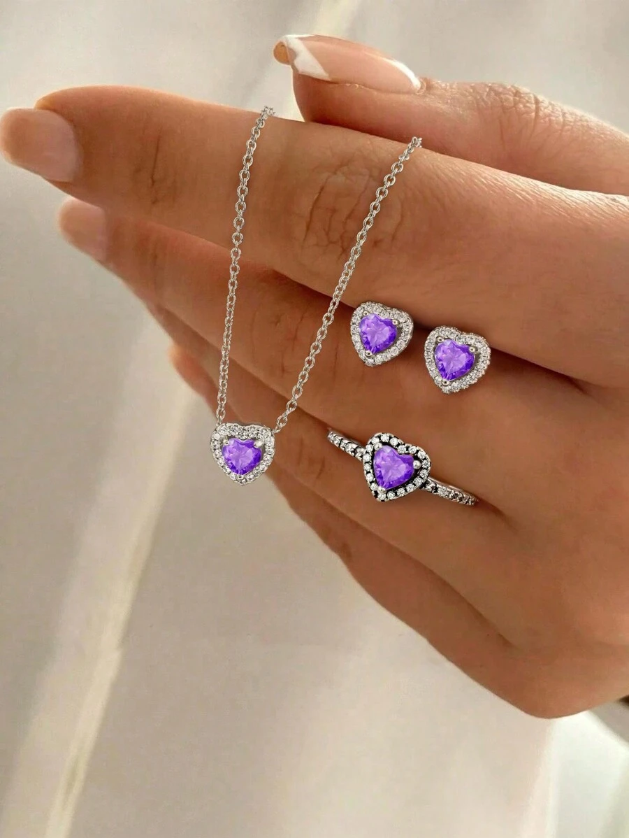 1pc/Set 925 Sterling Silver Purple Heart-Shaped Rhinestone Necklace Ring & Earring Set For Women Fine Jewelry Gift
