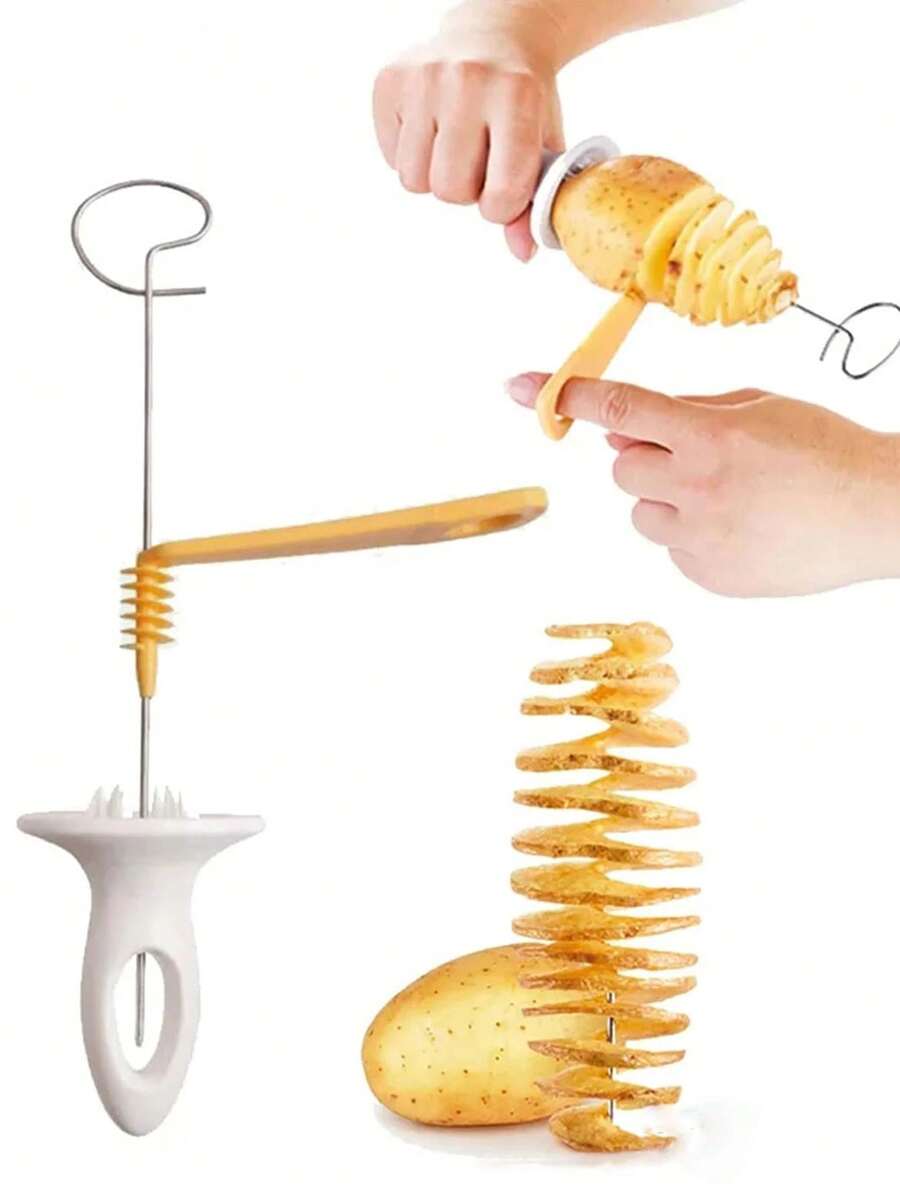 1set Tornado Potato Slicer, Vegetable Spiral Slicing Machine, Portable Potato Barbecue Skewer, Suitable For Camping, For BBQ, French Fries, Tornado Potatoes, Potato Chip Making Machine, Potato Slicer, Spiral Potato Slicer, Hand-Operated Vegetable Processing Machine Cutter, Barbecue Tools, Kitchen Accessories, Kitchen Tool.